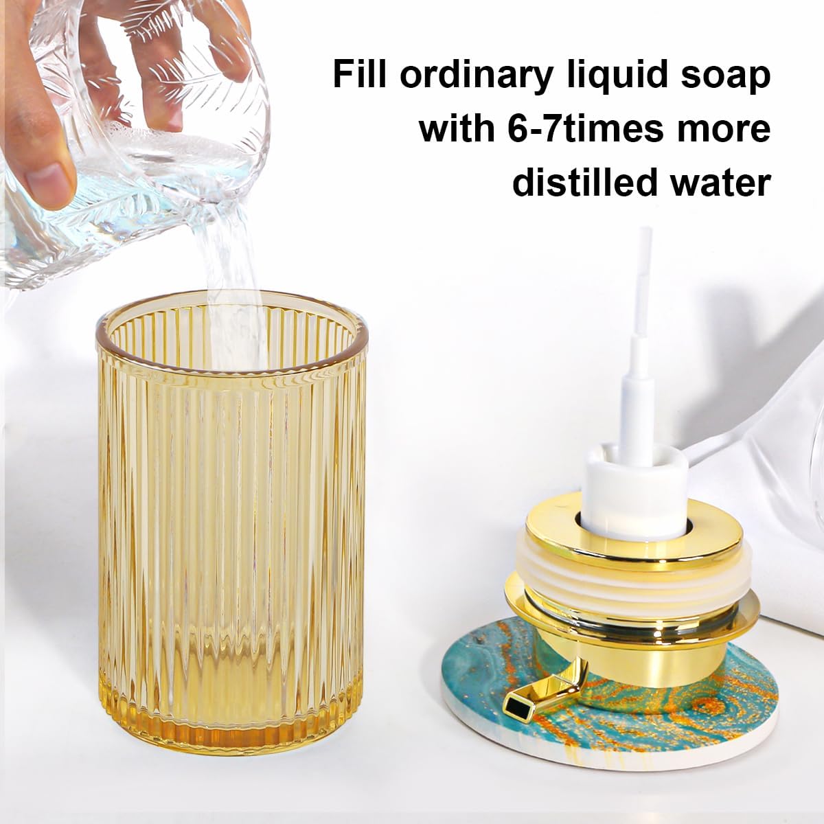 Amber Foaming Soap Dispenser, Glass Foam Hand Soap Dispenser with Gold Pump, 11 Oz Bathroom Refillable Liquid Lotion Pump Ribbed Bottle Container for Kitchen Countertop Decor