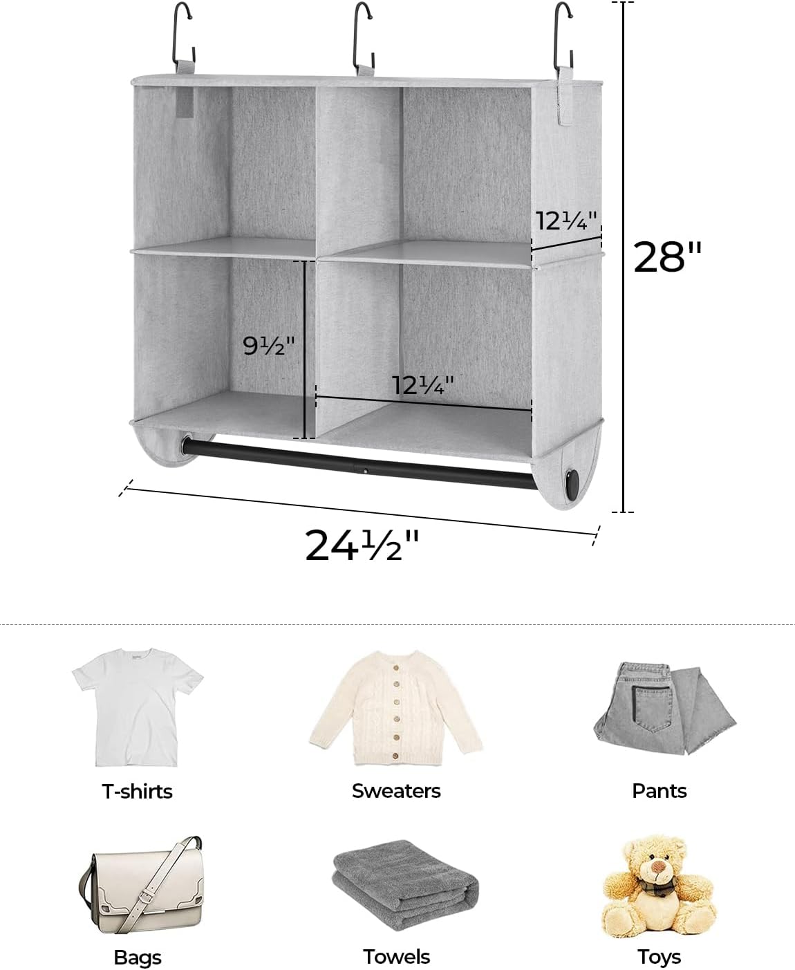 StorageWorks Hanging Closet Organizer with Metal Rod, 4-Section Closet Organizers and Storage, Collapsible Hanging Shelves for Closet, Bedroom, Kids Dorm Room, RV Camper, Gray and White