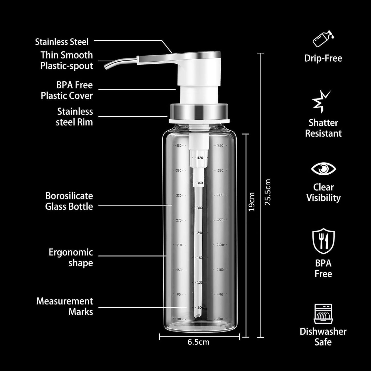 Sauce Pump Dispensers, 17oz Glass & Stainless Steel, 8ml Capacity, Perfect for Kitchen, BBQ, Baking, Salad, Restaurant, Cafe, Hotel, Party, Buffet, Infusing Herbs