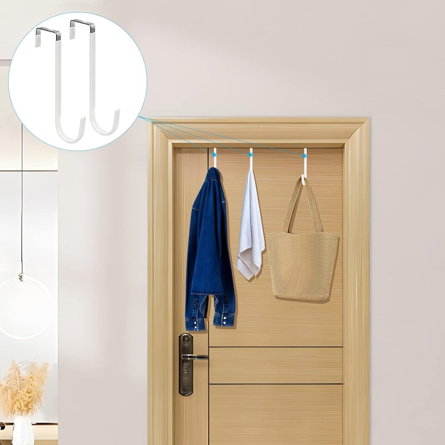 FYY Over The Door Hooks, 6 Pack Upgraded Long Door Hangers Hooks with Rubber Prevent Scratches Heavy Duty Organizer Hooks for Hanging Clothes, Towels, Hats, Coats, Bags White