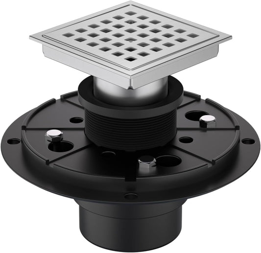 4-3/8 Inch Square Shower Floor Drain Brushed Stainless Steel Drain Kit with Flange, Removable Grid Cover, Hair Strainer