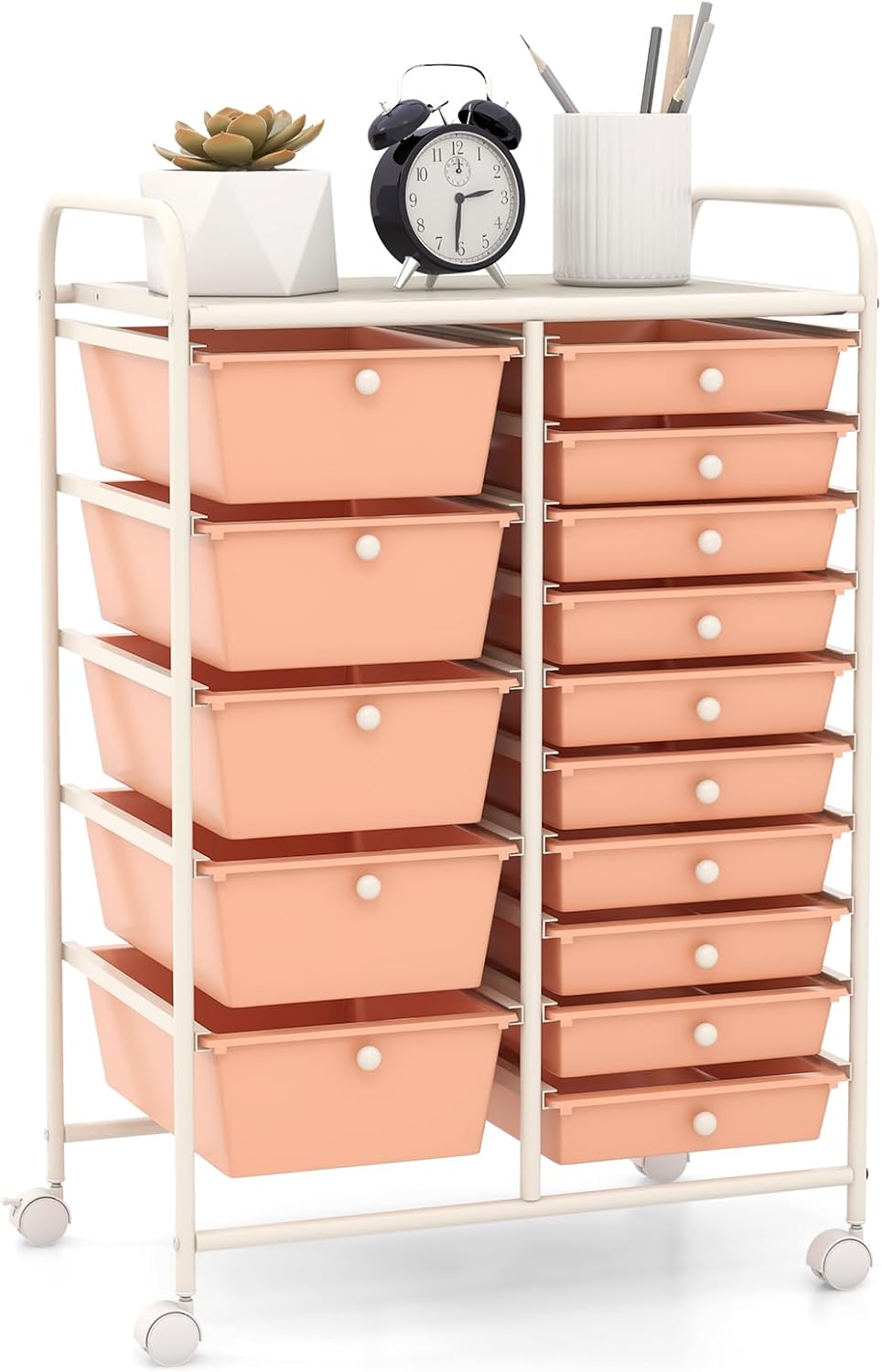 GOFLAME 15-Drawer Rolling Storage Cart, Multipurpose Movable Organizer Cart, Utility Cart for Home, Office, School, Peach Fuzz, 53825HW-GL