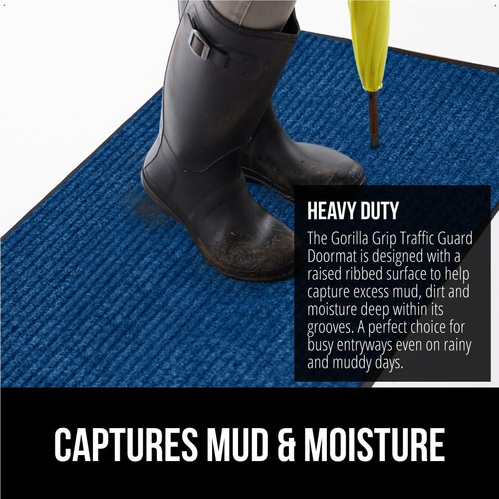 GORILLA GRIP Traffic Guard Door Mat, 72x48, Heavy Duty Welcome Mats, Commercial Office Space Doormat, Waterproof, Fade Resistant, Strong Rubber Backing, Low Profile, Shoe and Boot Scraper, Blue