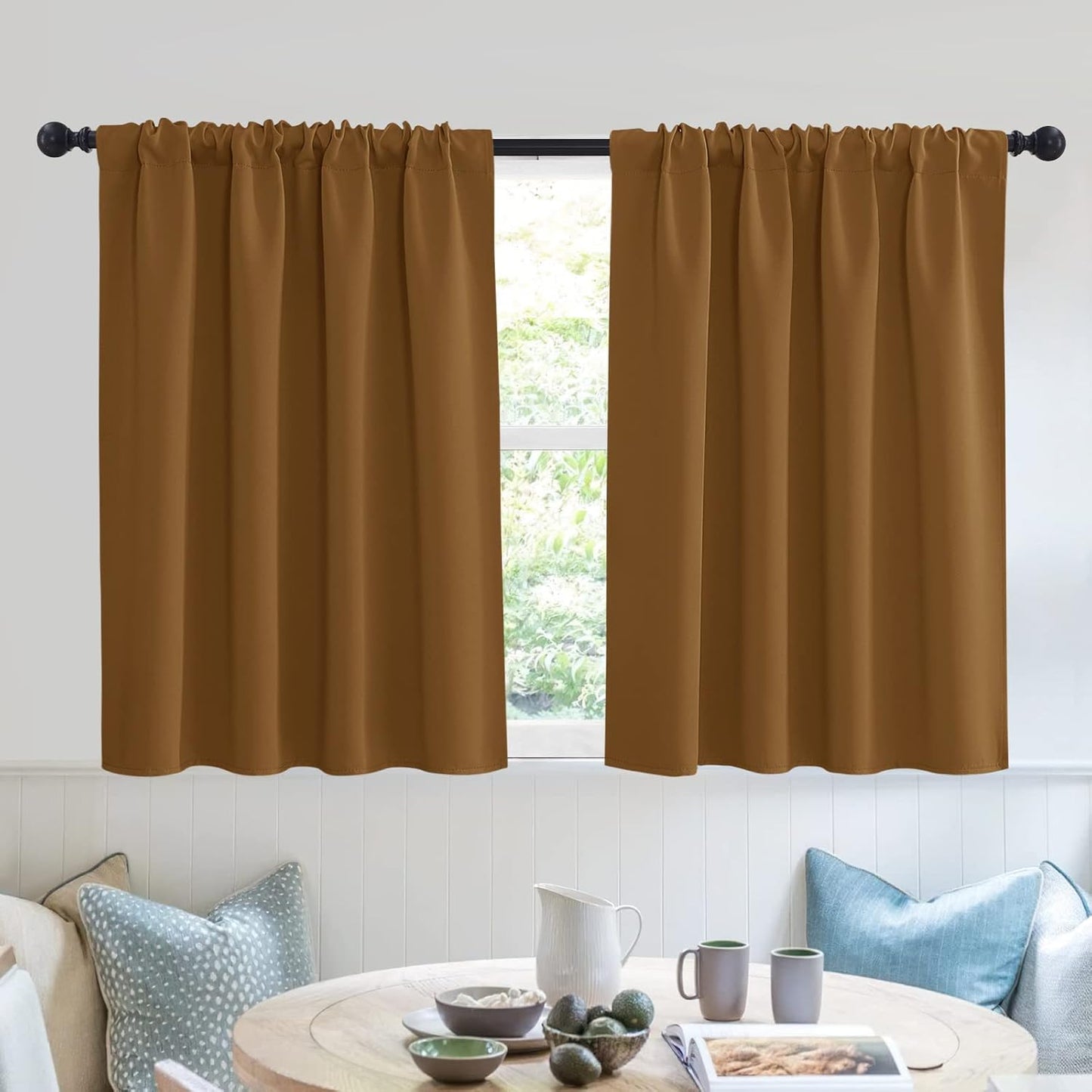 RYB HOME Small Curtains Blackout - Privacy Energy Efficiency Mini Curtains for Kids Bedroom RV Camper Windows Trailer Bathroom Kitchen Cabinet Window Tiers, W 29 x L 30, Gold Brown, 2 Panels