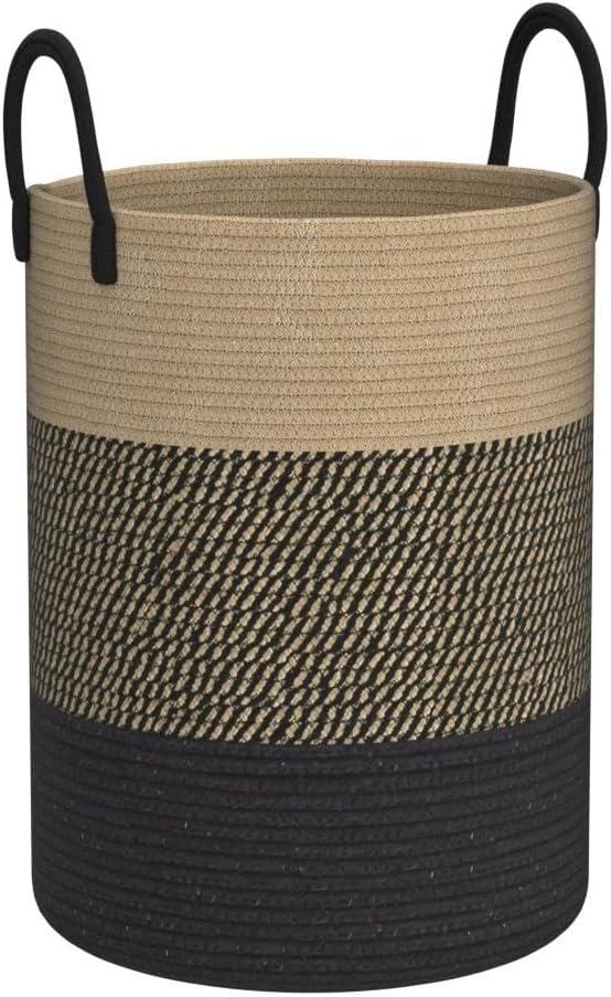 YOUDENOVA Woven Rope Laundry Hamper Basket, 58L Tall Laundry Basket for Blanket Organizer- Clothes Hamper for Bedroom Storage, Baby Kids Nursery Hamper-Large-Black & Brown