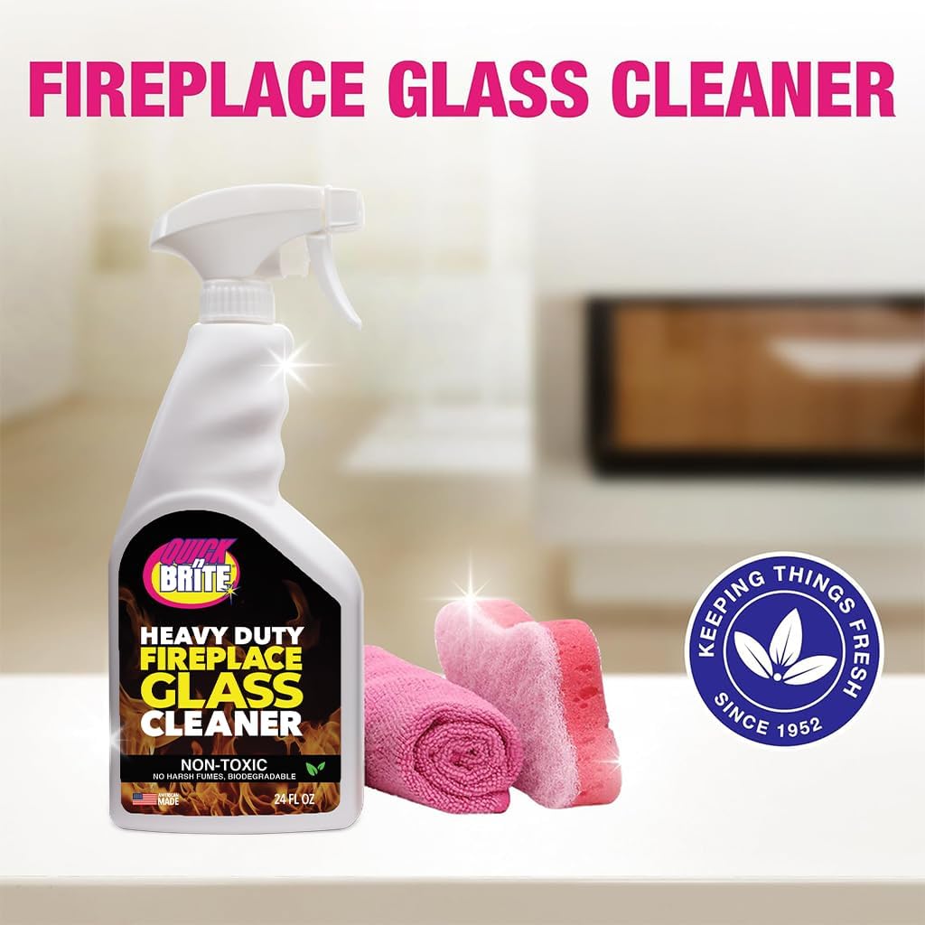 Quick N Brite Fireplace Glass Cleaner 24oz, Nonabrasive Cleaning Spray for Fireplace Glass, Oven Glass, Glass Cooktops, Ceramic-Glass, Microwave Glass (Pack of 3)