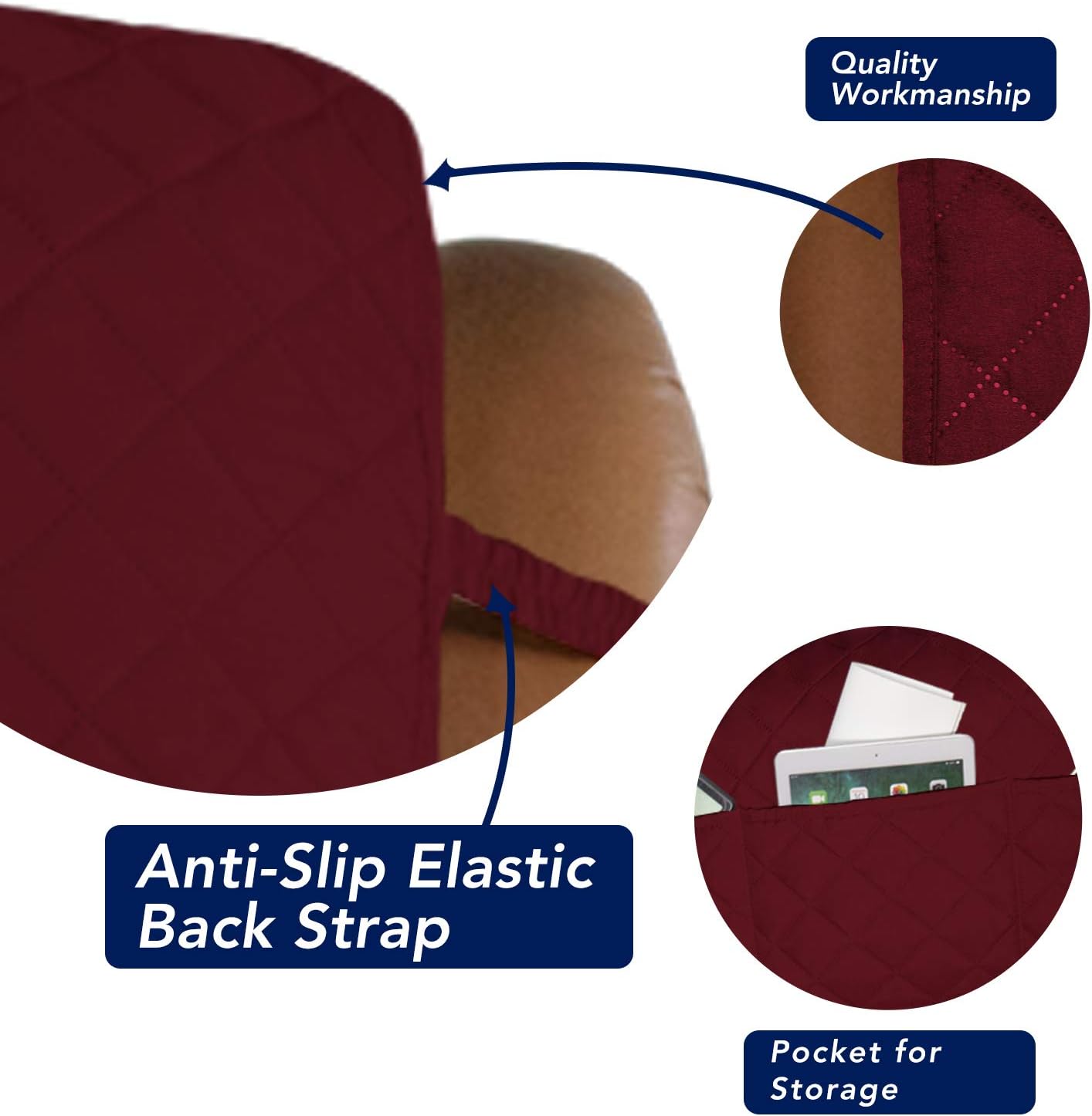 PureFit Reversible Quilted Sofa Cover, Water Resistant Slipcover Furniture Protector, Washable Couch Cover with Non Slip and Elastic Straps for Kids, Dogs, Pets (Oversized Recliner, Red/Ivory)