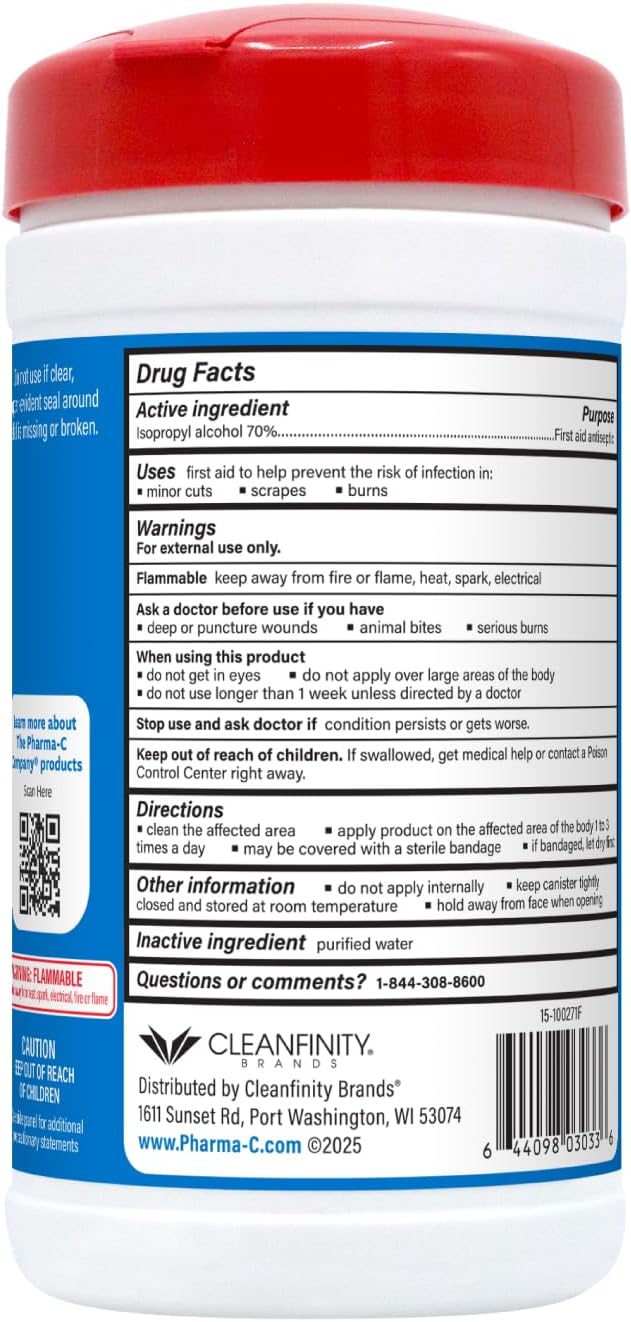 The Pharma-C Company -70% Isopropyl Alcohol Wipes [6 pack - 40ct Canisters] - Bulk IPA First Aid Antiseptic Wound Cleaner with Moisture Lock Lid. For minor cuts, scrapes, and burns.