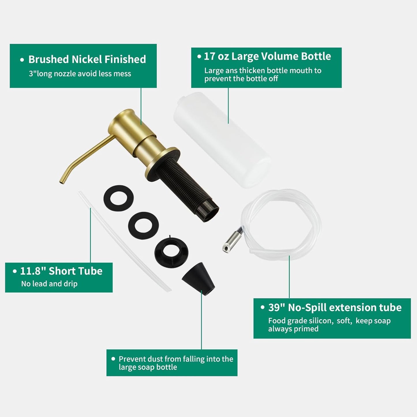 CREA Brushed Gold Kitchen Soap Dispenser Countertop Soap Dispenser for Kitchen Sink, Built in Sink Soap Dispenser for Bathroom with 39" Tube Large Capacity 17 OZ Bottle