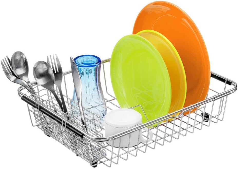 SANNO Expandable Dish Drying Rack Over Sink Dish Rack Shelf in Sink or On Countertop with Stainless Steel Utensil Holder Rustproof Stainless Steel
