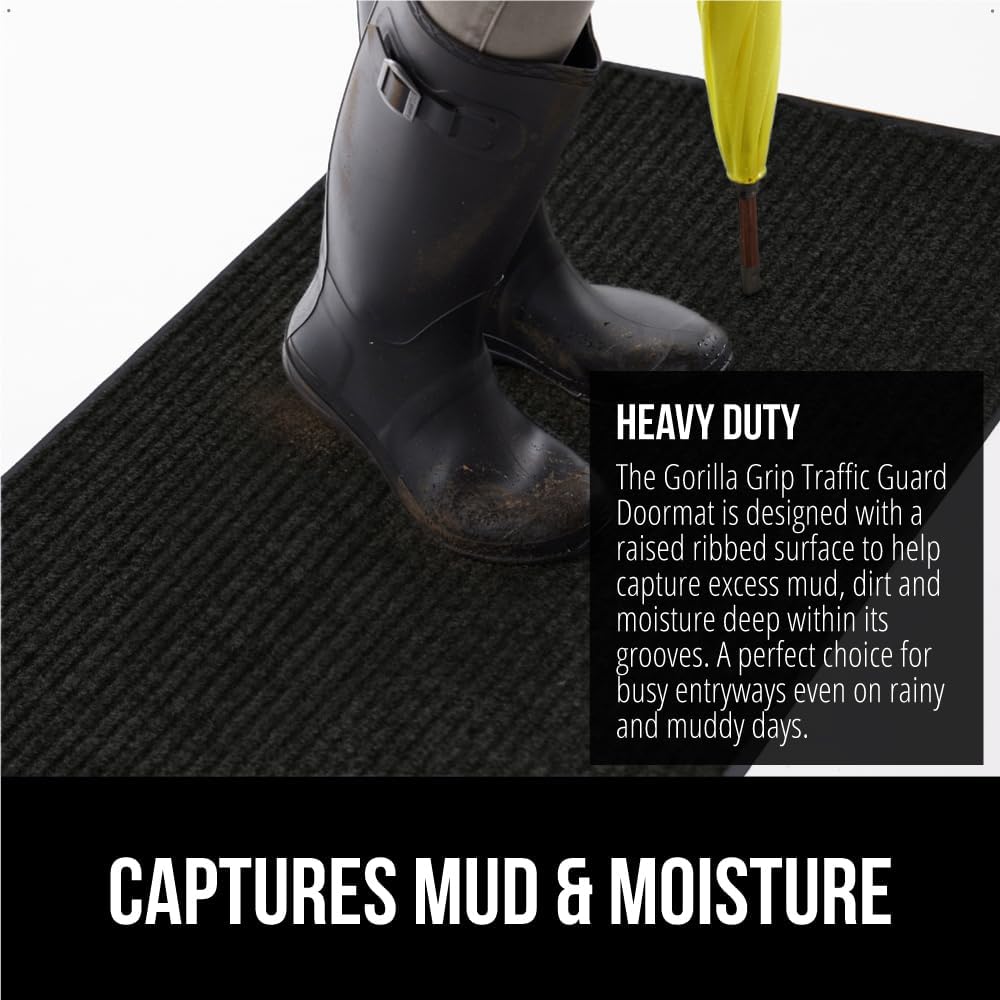 GORILLA GRIP Traffic Guard Door Mat, Heavy Duty Welcome Mats, Commercial Office Space Doormat, Waterproof, Fade Resistant, Strong Rubber Backing, Low Profile, Shoe and Boot Scraper, 35x23, Jet Black