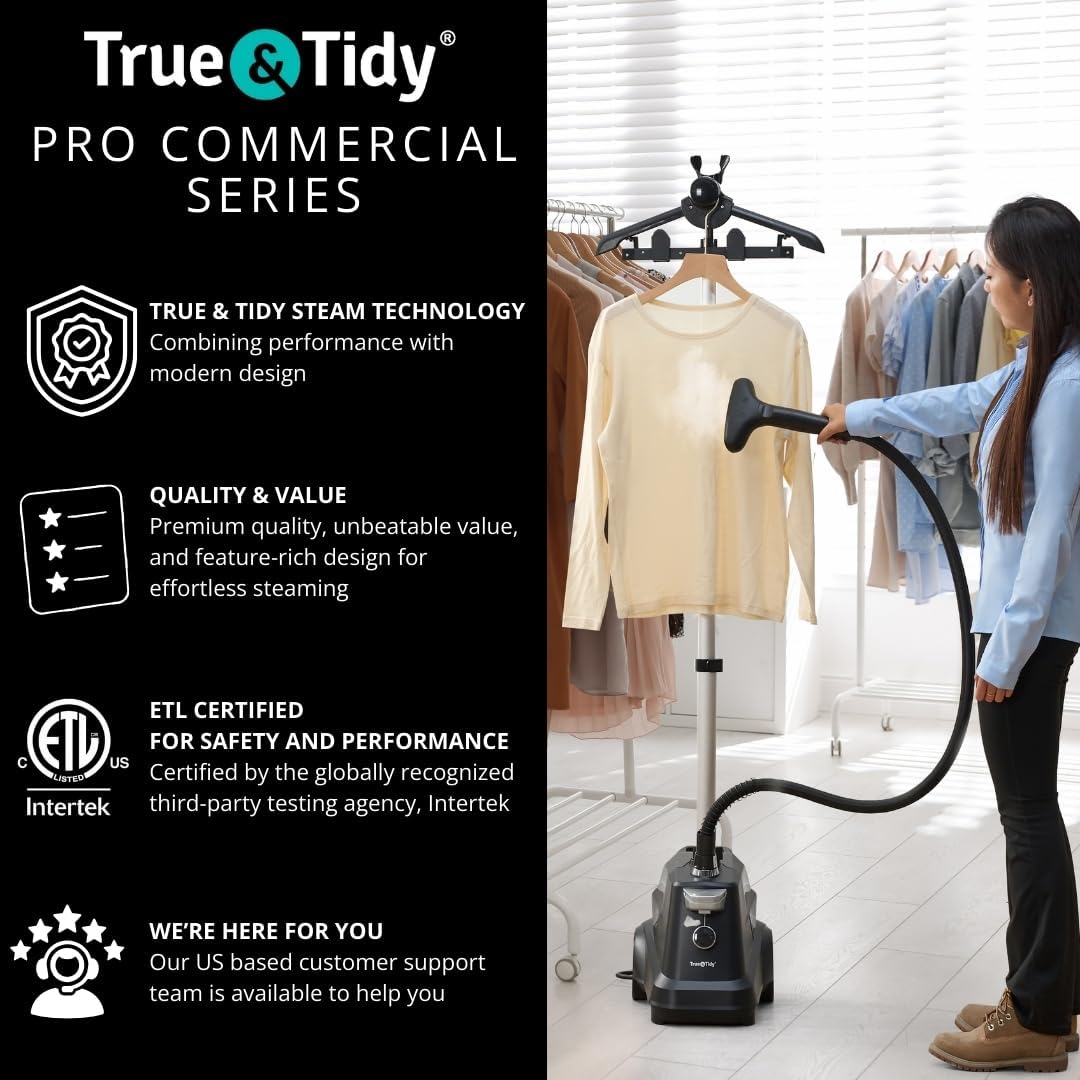 True & Tidy® Heavy-Duty Industrial Standing Garment Steamer for Clothes, 1800 watts, Extra Large 3L water tank 90+ mins of Steam Time (Matte Black, Smart Auto-Off Commercial Garment Steamer)