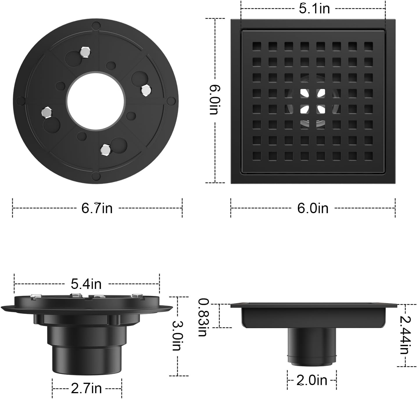 6 Inch Shower Drain Matte Black, Square Bathroom Floor Drain, Stainless Steel Drain Kit with Flange, Removable Grid Cover, Hair Strainer