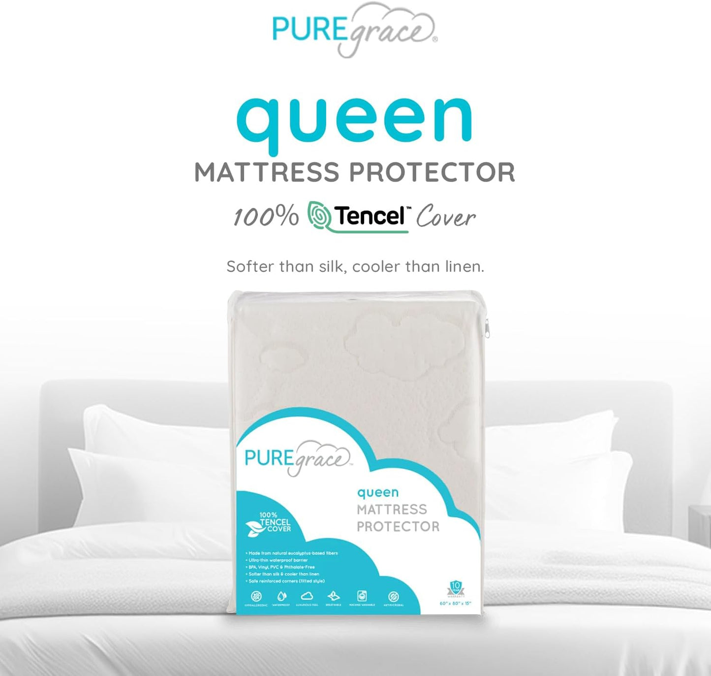 PUREgrace Tencel Mattress Protector (Queen) – Waterproof, Noiseless Cover, Soft and Breathable with Deep-Pocketed Corners for Secure Fit