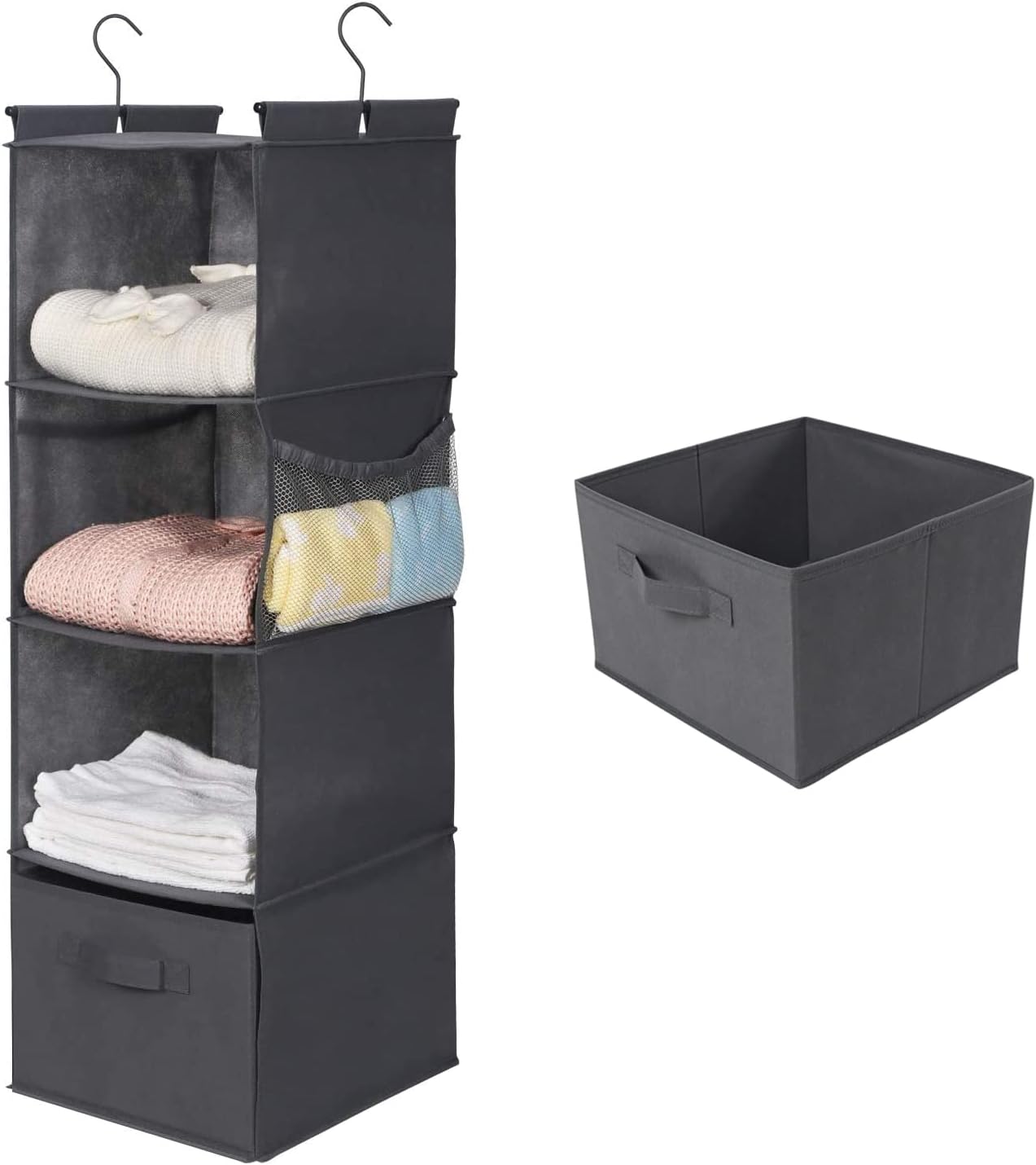 MAX Houser 4-Shelf Hanging Closet Organizer, Space Saver, Cloth Hanging Shelves with 2 Side Pockets, Foldable (Grey)