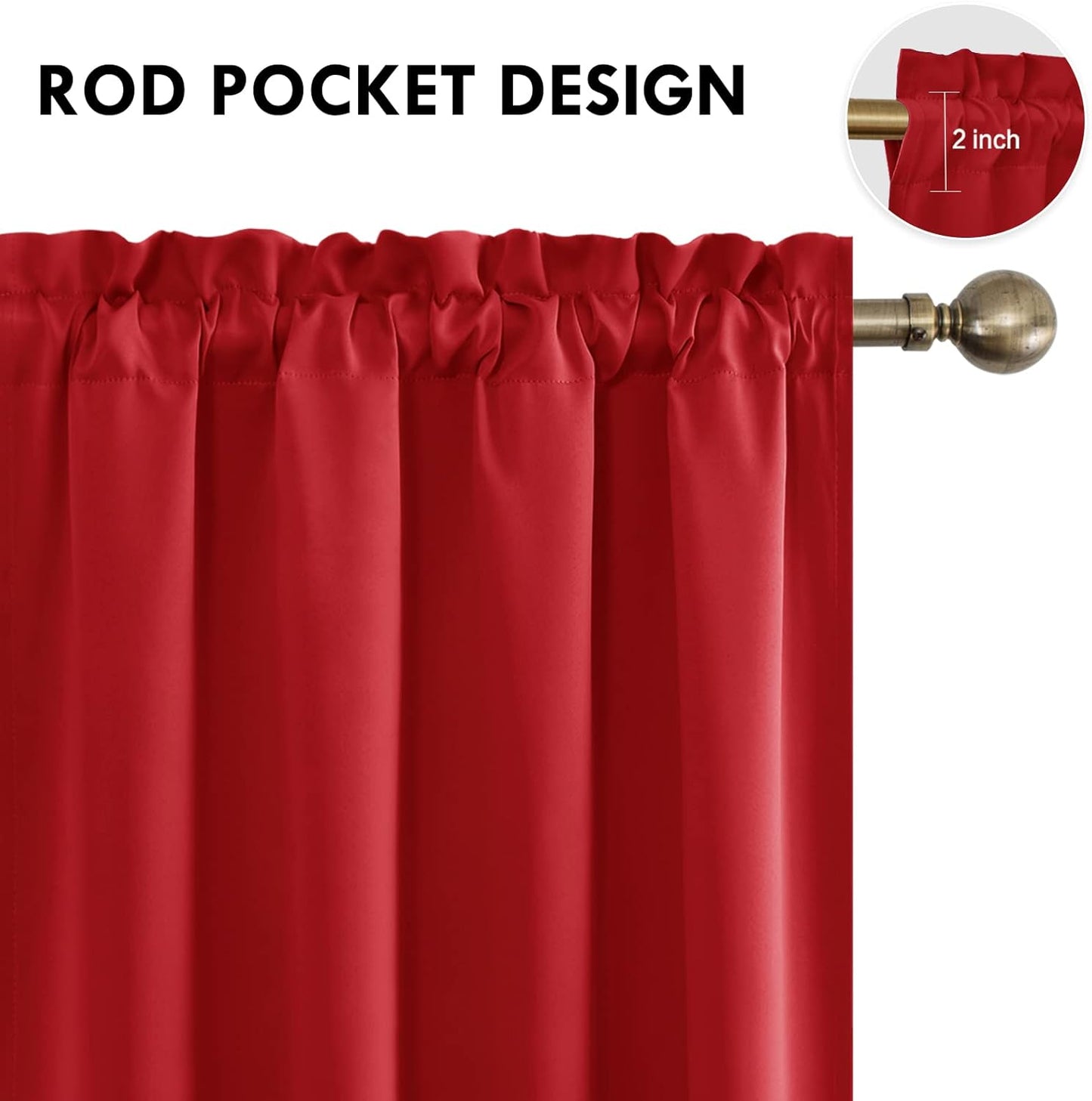DWCN Blackout Curtains Room Darkening Thermal Insulated Bedroom Curtains Window Curtain Panels, 52 x 63 inches Long, Set of 2 Red Rod Pocket Drapes