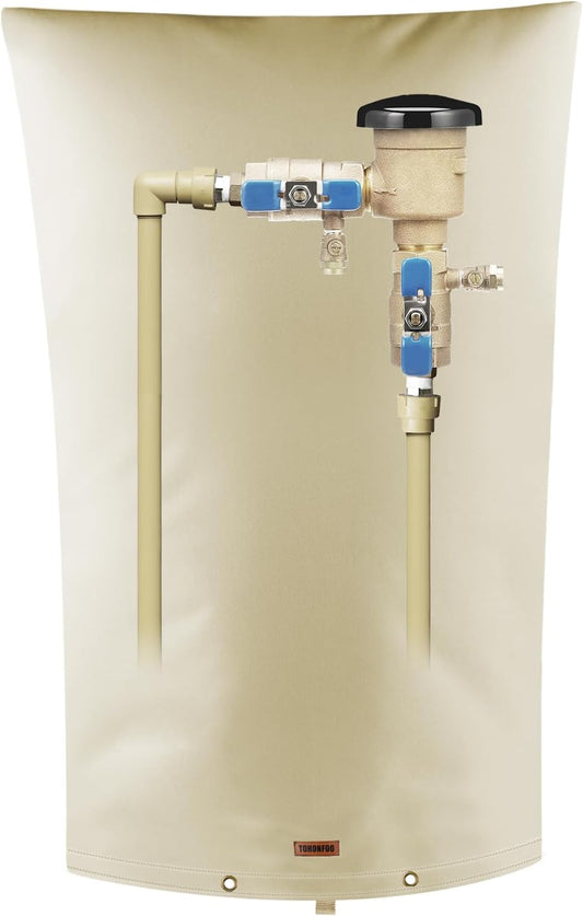 TOHONFOO Backflow Preventer Pipe Insulation Cover (5°F) - Irrigation Sprinkler Valve Insulated Pouch - Water Well Pump Cover - Sturdy 5 Layers for Winter Freeze Protection, 22" W x 34" H, Beige