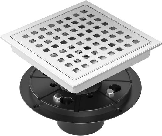 6 Inch Square Shower Drain Chrome, Bathroom Floor Drain, Stainless Steel Drain Kit with Flange, Removable Grid Cover, Hair Strainer