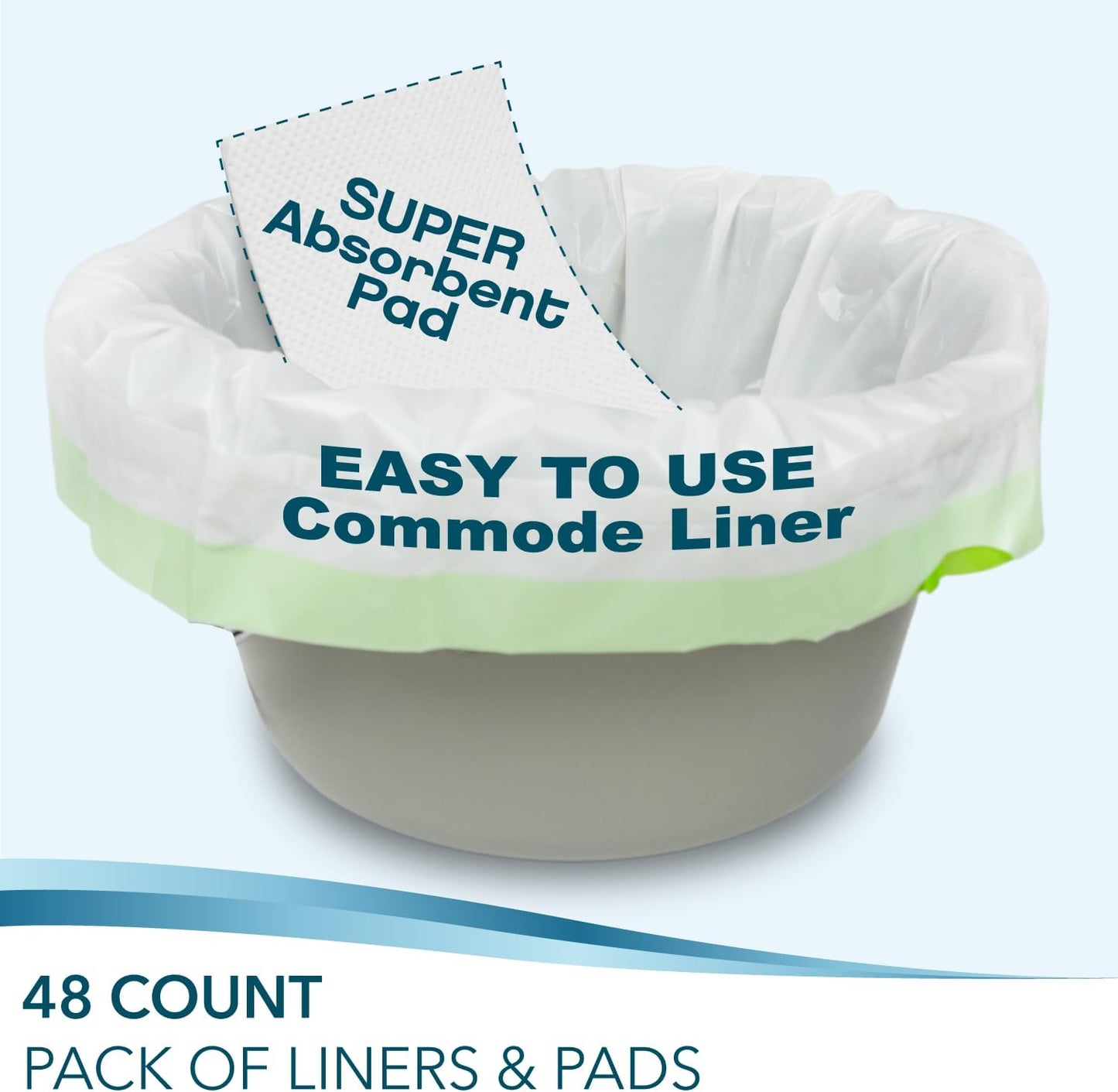 Disposable Bedside Commode Liners and Pads for Portable Toilet Chair Seat Bucket and Bedpan | Combo Pack of 48 Waste Bags and 48 Absorbent Pads | Universal Fit