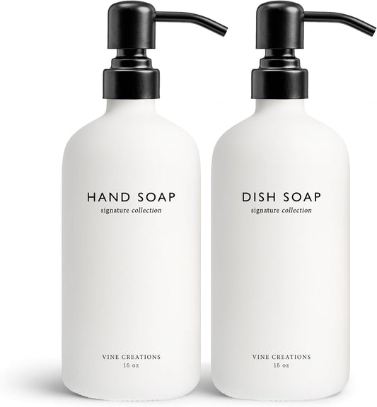 Vine Creations White Glass Soap Dispenser Set, Dish Soap and Hand Soap Dispenser Set with Stainless Steel Pump, 16 oz Glass Dispensers for Kitchen or Bathroom Decor (Matte White Bottle/Matte Black)