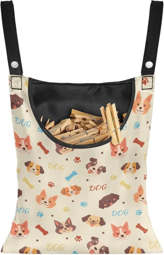 Clothes Pin Hanging Bag with Hanging Rope 14.5 X 12 Inch Clothespin Bag for Clothes Pins and Clothespins Heavy Duty Outdoor Use - Dog