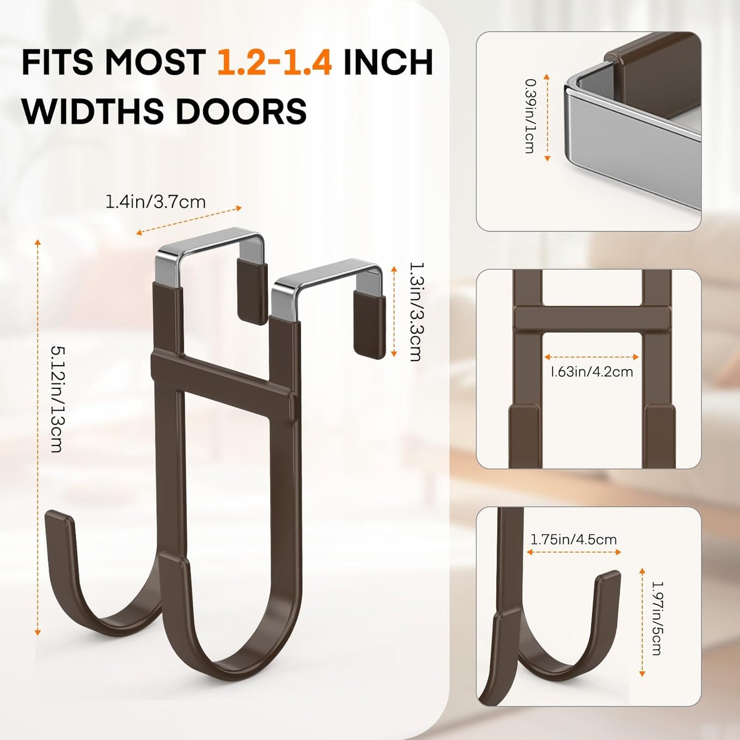 FYY Over The Door Hooks - 4 Pack Heavy Duty Dual-Hook Organizer Hanger with Non-Slip Rubber for Towels, Clothes, Hats & Bags Use in Bathroom, Bedroom, Kitchen - Fits Interior Doors Up to 1 3/8" Brown