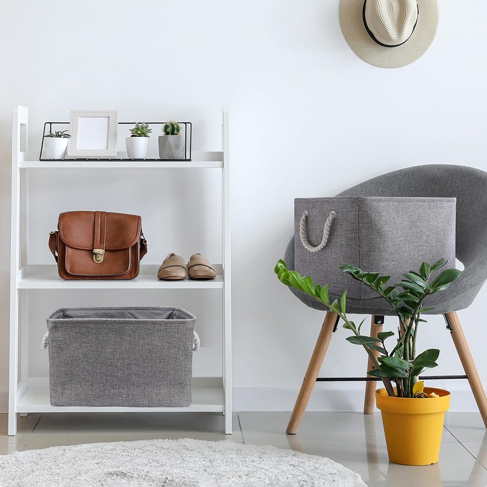 Storage Basket for Shelves - 17X15X12 inch 2 Pack Collapsible Storage Bin with Rope, Canvas Fabric Storage Cubes for Cloth Decorative Books Nursery (Grey)
