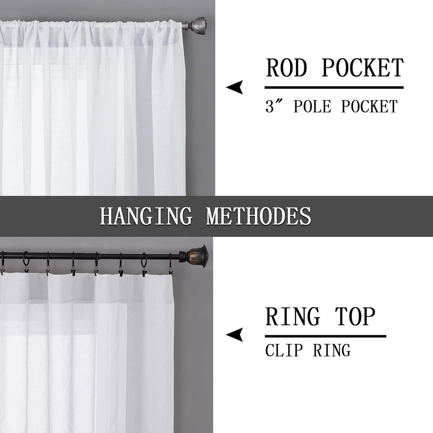 Tollpiz Short Sheer Curtain Living Room Linen Textured Curtains Sheer Light Filtering Voile Rod Pocket Curtain for Bedroom, 38 x 54 inches Long, White, Set of 2 Panels