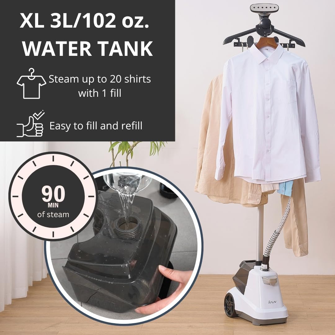 SALAV® Heavy Duty Smart Auto Shut-off Commercial Full-Size Garment Steamer, Beeping Alert when Water Runs out, Foot Pedal Control, XL 3L (101.5 oz) Tank, 1800 watts, 90+min of Continuous Steam, White