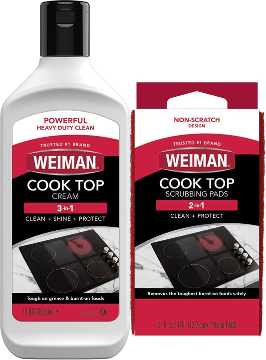 Weiman Ceramic and Glass Cooktop Cleaner - Heavy Duty Cleaner and Polish (10 Ounce Bottle and 3 Scrubbing Pads)