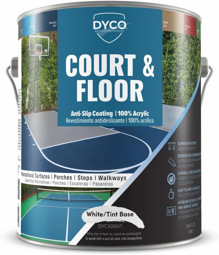 DYCO Court & Floor Anti-Slip Coating - Slip-Resistant Pavement, Cement & Concrete Paint for Pickleball, Tennis & Basketball Courts, Exceeds ADA Standards for Safety Areas (White, 1 Gallon)