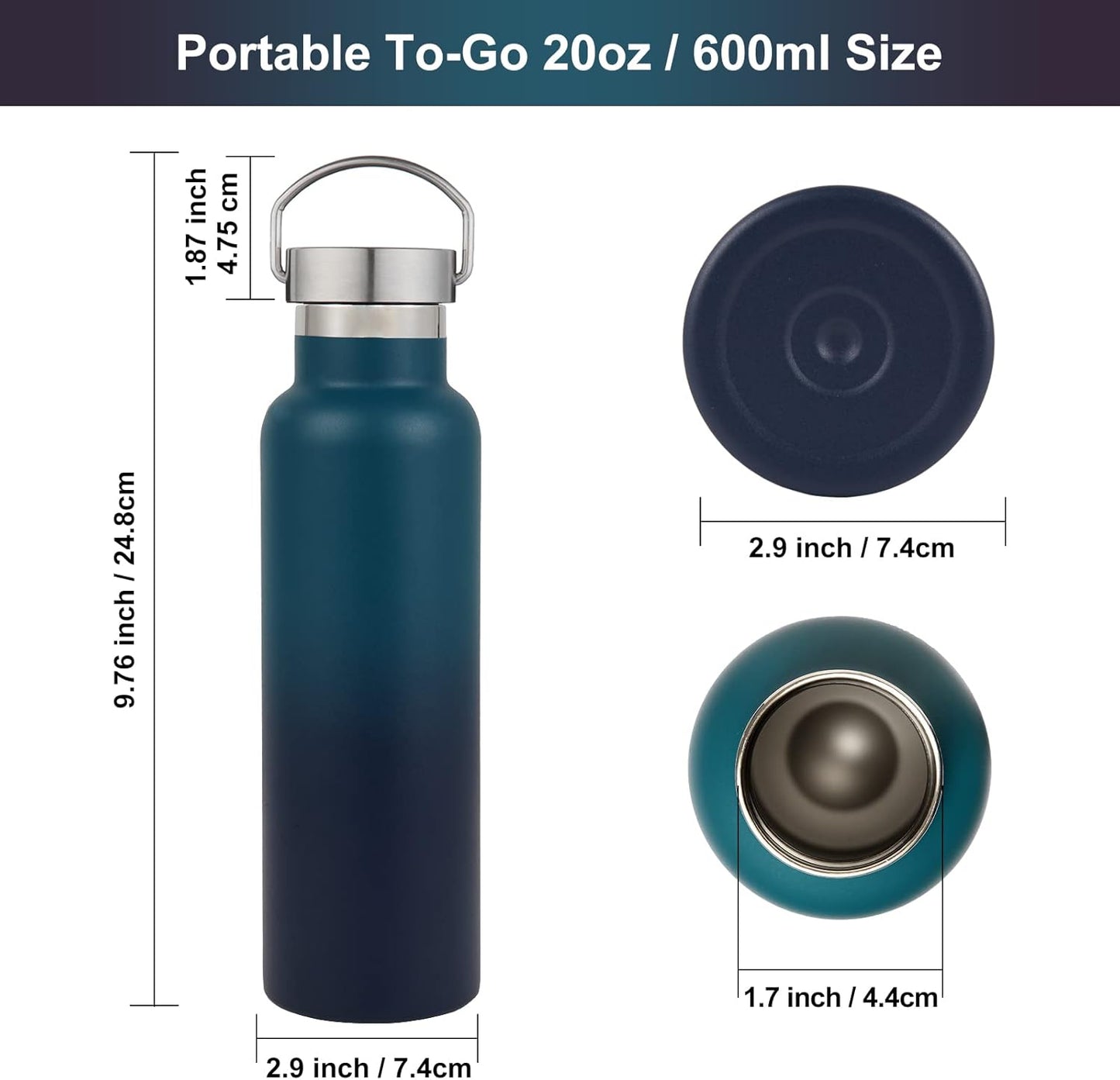 Neihepal 20 oz Insulated Water Bottles Bulk 2 Pack,Stainless Steel Double Wall Sport Bottle with Lid of Handle,Metal Reusable Thermoses Flask for School,Cyclists,Hikers,Gift (Dark Night,Set of 2)