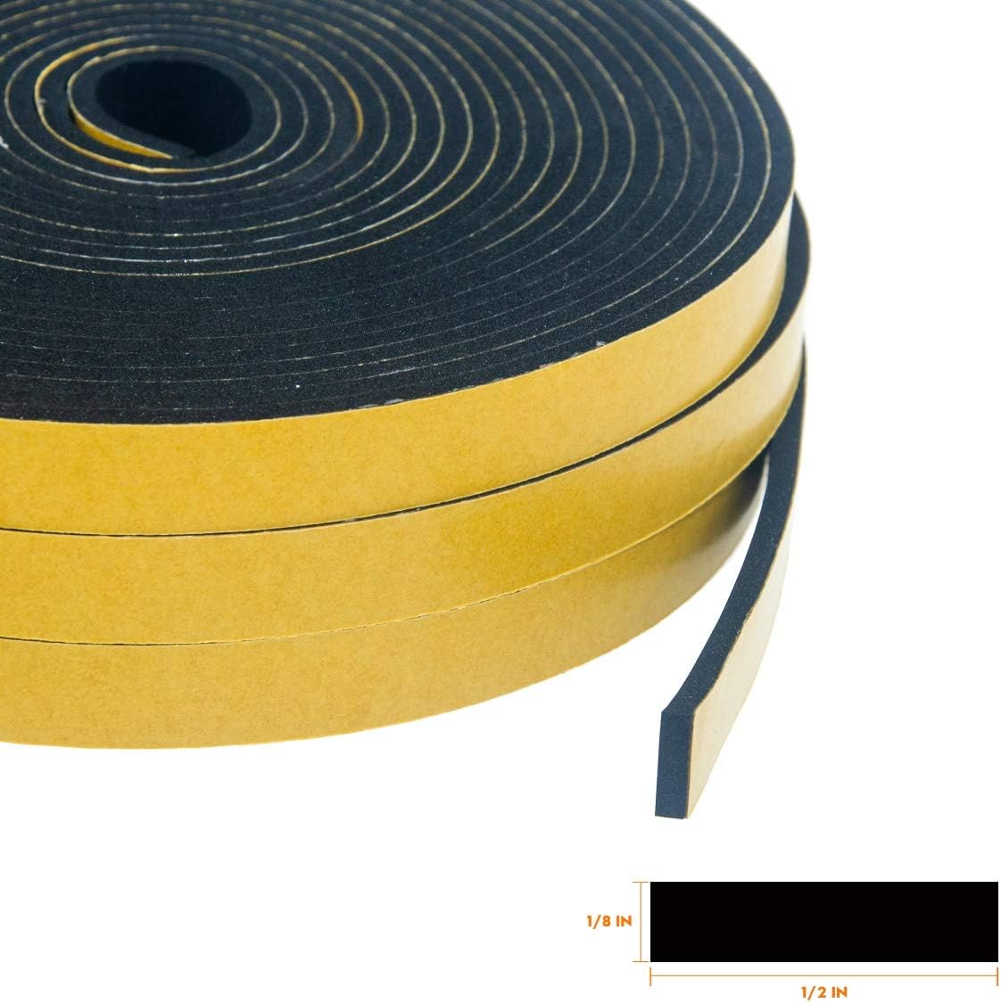 Foam Seal Tape 3-Pack, 1/2 Inch Wide X 1/8 Inch Thick, Neoprene Rubber Weather Stripping for Door Insulation, 59 Feet Total (19.7ft x 3 Rolls)
