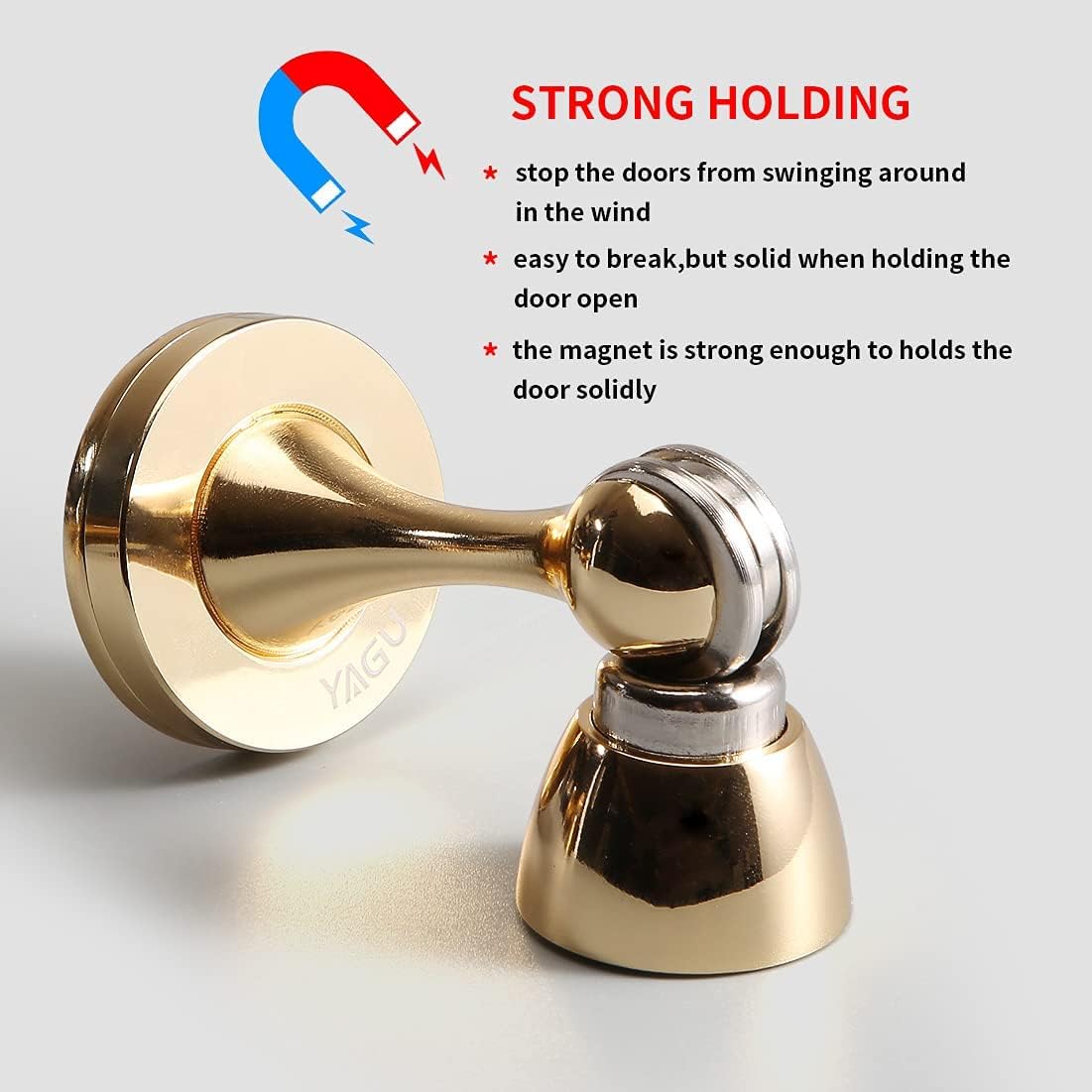 YAGU 1 Pack Magnetic Door Stopper Catch, Zinc Alloy Bright Gold Door Stops Holder Wall Floor Mounted, Magnet Metal Soft-Catch Doorstop