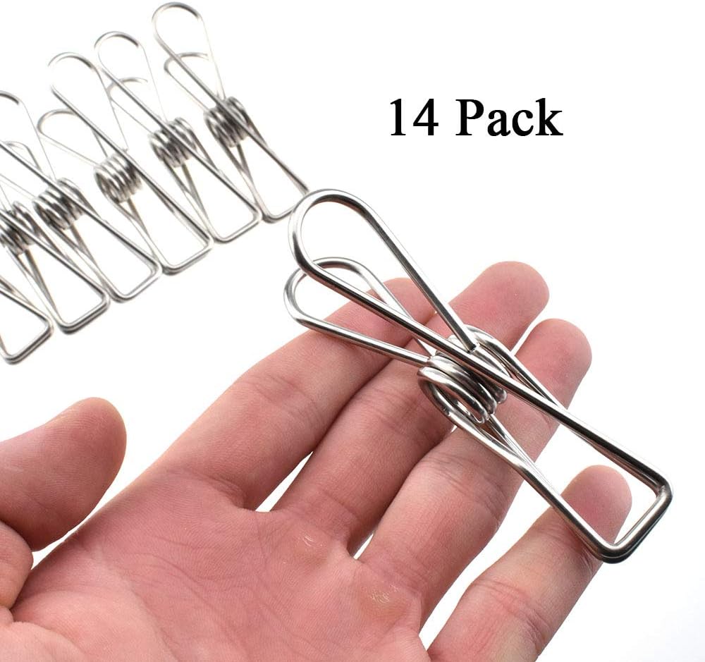 HAHIYO Clothespins Chip Clips All Metal Stainless Steel No Rust Stains Strong Grip in Heavy Wind 3.4 Inches 14 Pack Extra Large Do Not Fall Apart Open Wide for Holding Clothes Snack Bag Clamps