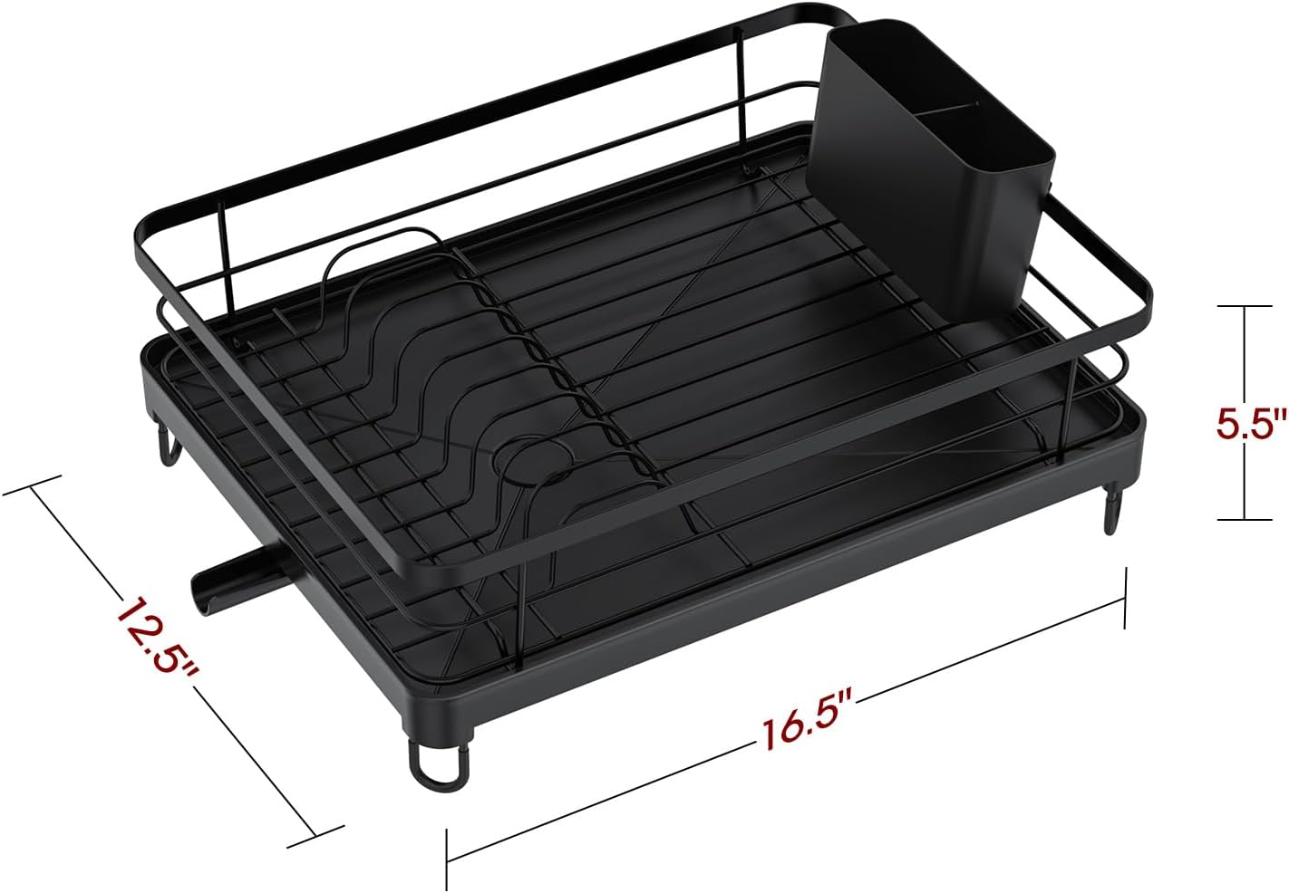 Stainless Steel Dish Drying Rack for Kitchen Counter, Sink Organization and Storage Essentials with Silverware & Utensil Holder, Home and Apartment Decor, 12.7''W x 16.7'L, Black
