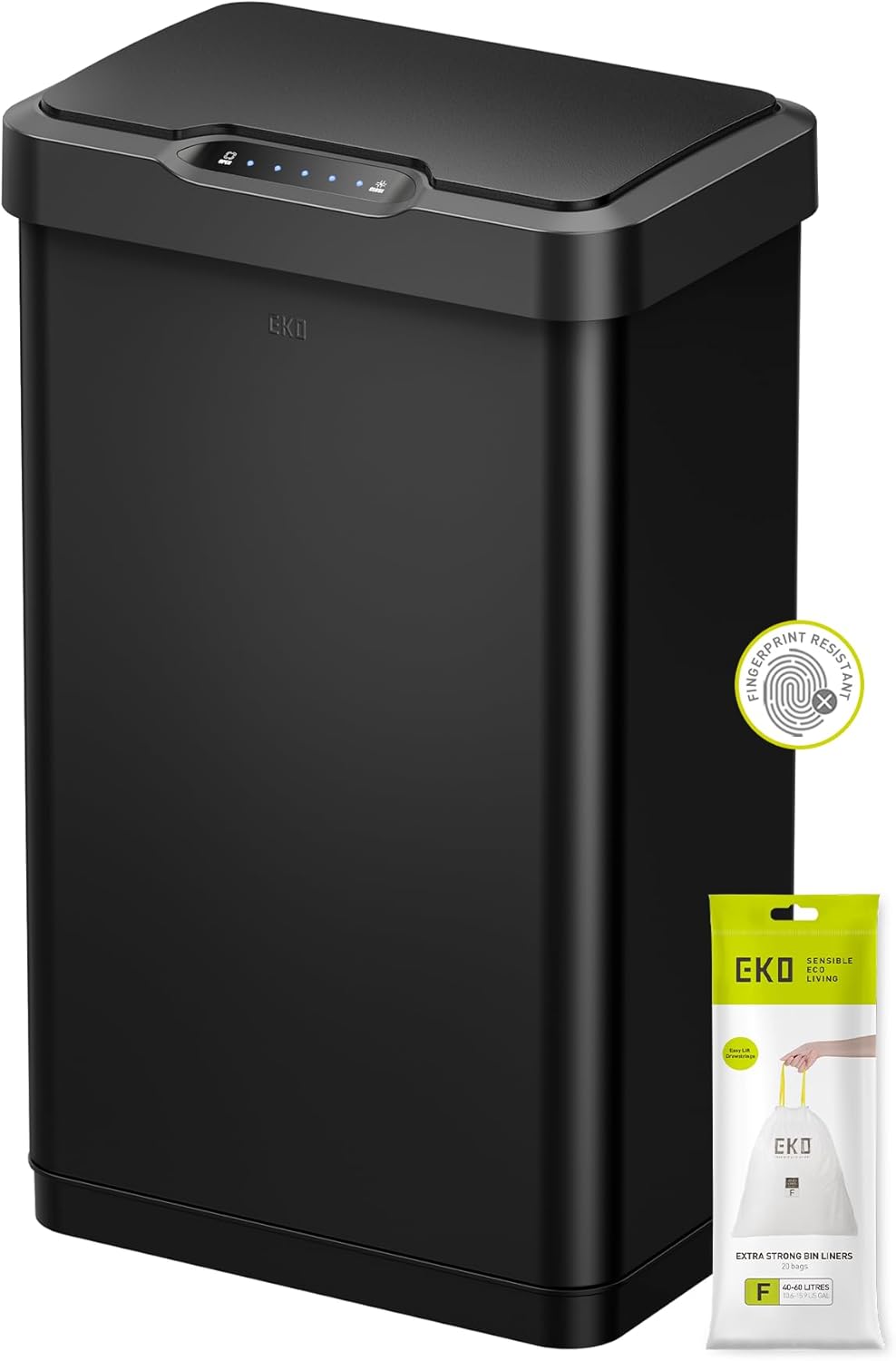 EKO Mirage-T 50 Liter / 13.2 Gallon Touchless Rectangular Motion Sensor Trash Can, Brushed Stainless Steel Finish (Matte Black)