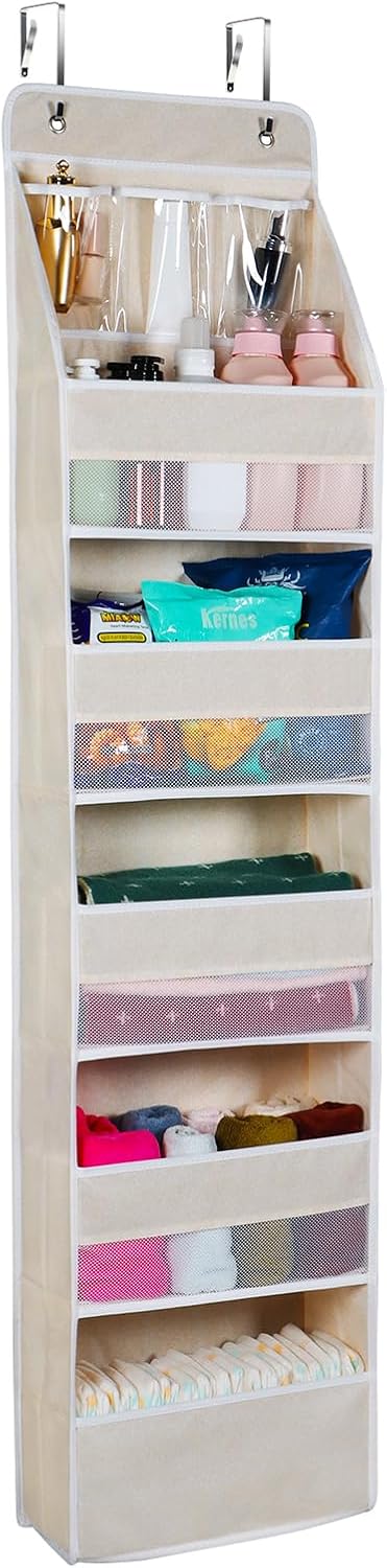 Univivi 6-Shelf Over Door Hanging Organizer Fabric Baby Door Storage with 5 Large Pockets and 3 Small PVC Pockets Wall Mount Hanging Storage Organizers for Baby Essential (Beige)