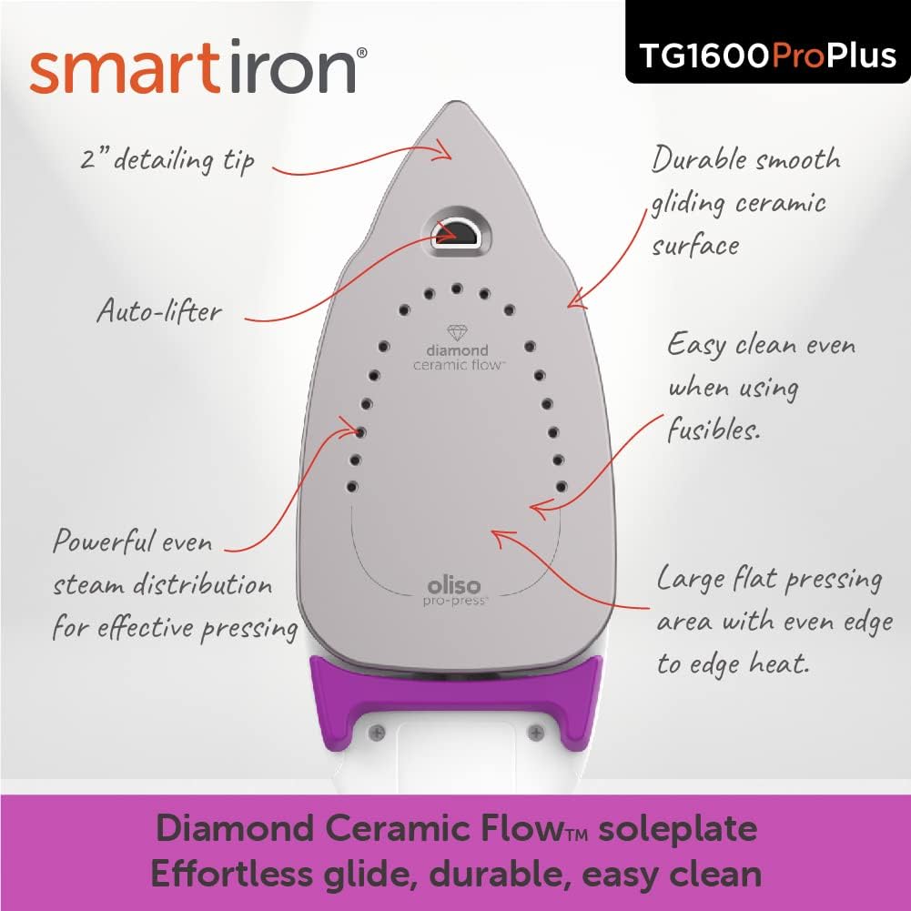 oliso TG1600 ProPlus Smart Iron with Auto-Lift – 1800 Watt Steam Iron for Clothes, Sewing, Quilting & Crafting – Diamond Ceramic-Flow Soleplate, Orchid