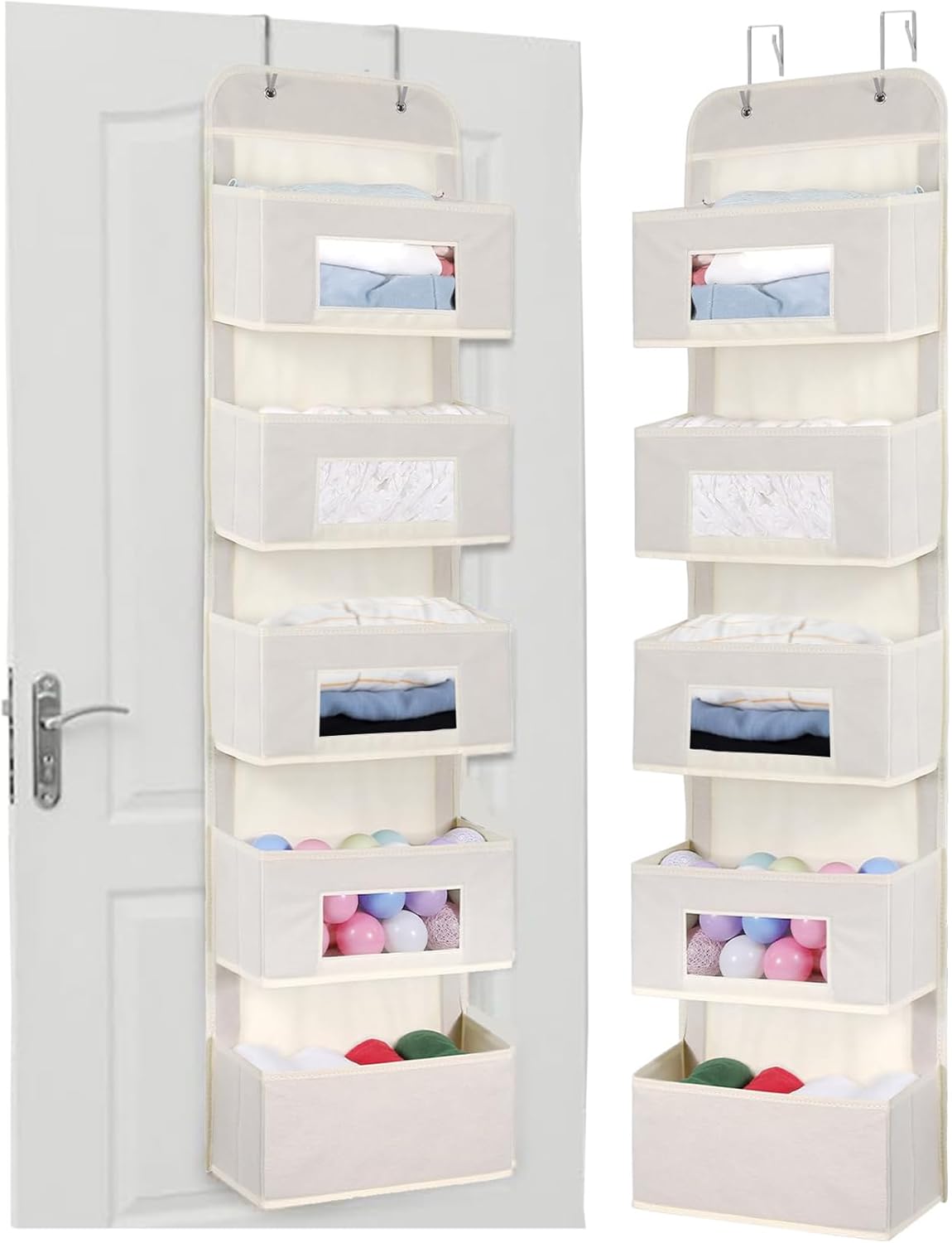 MAX Houser 5-Shelf Over The Door Hanging Organizer with 2 Metal Hooks, 5 Pocket Over The Door Wall Mount Storage with Clear Windows for Baby Nursery Bathroom Closet,Bedroom,Dorm,Diapers,Kids(Beige)