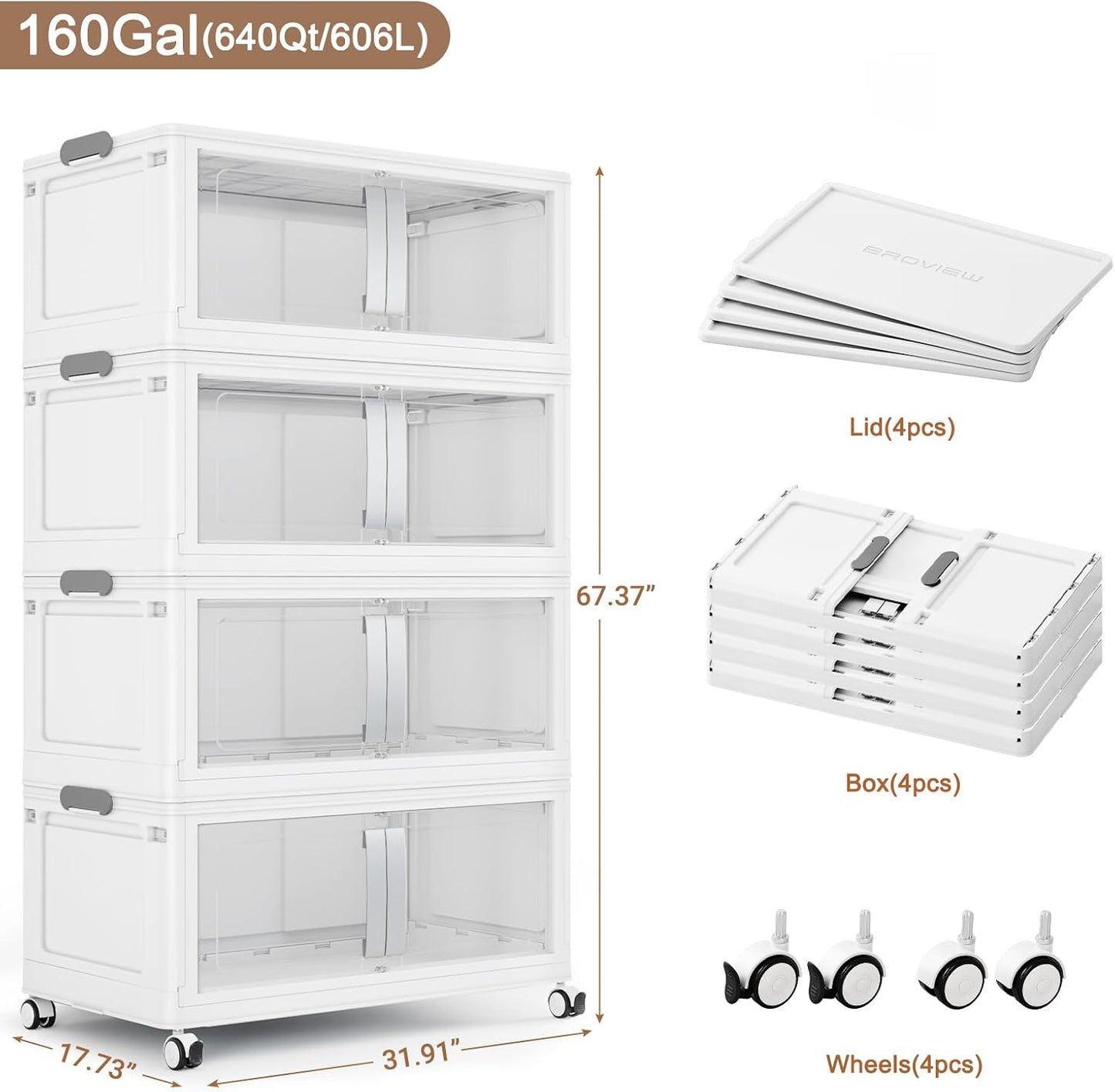 BROVIEW 640QT Stackable Storage Bins with Lids, 160Gal Extra Large Collapsible Storage Box with Wheel, Plastic Storages with Clear Door Open Front for Home Kitchen Garage, White-4pack(4 lids)