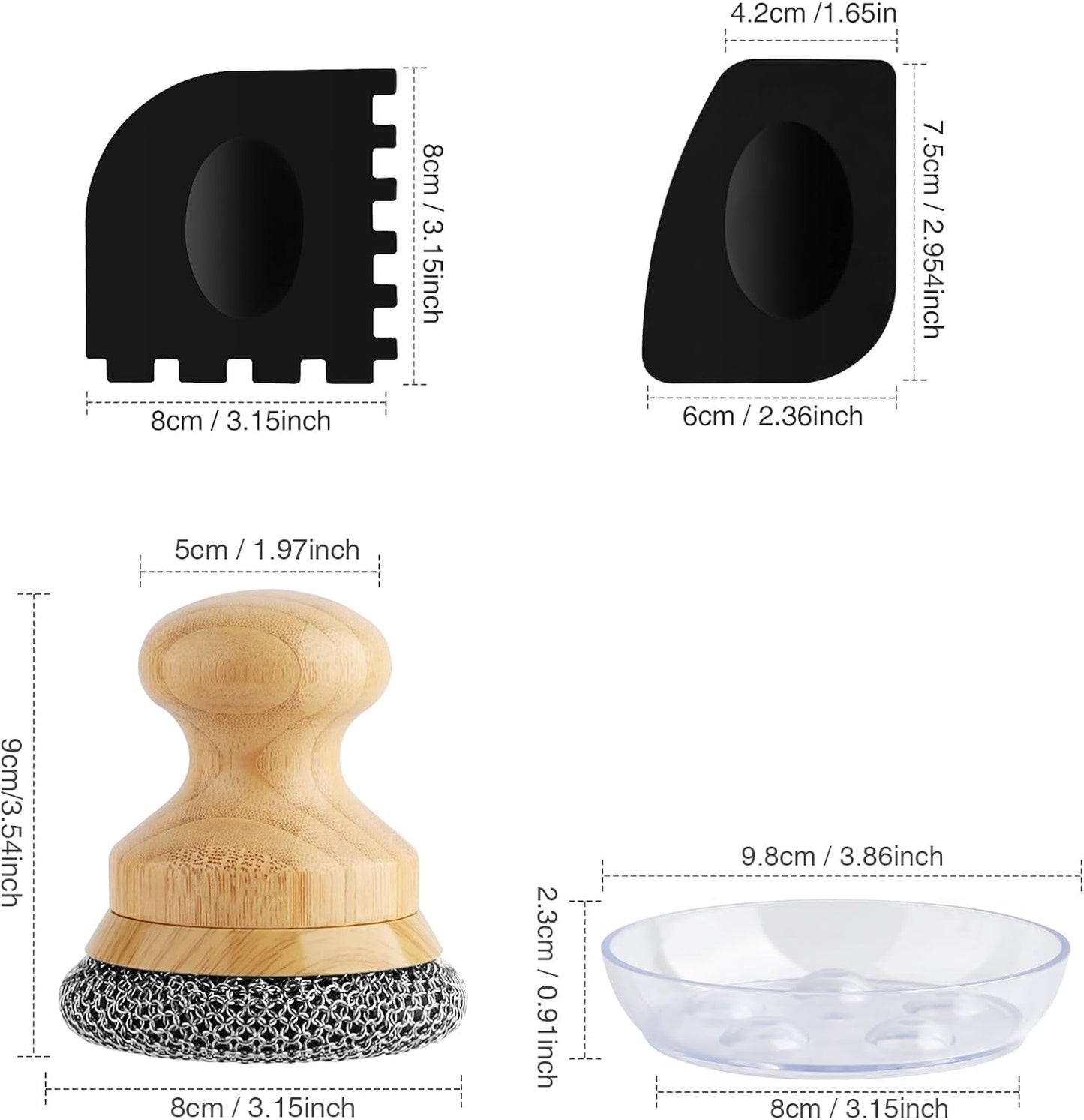 Cast Iron Scrubber and Scraper,Chain Mail Cleaner with Bamboo Handle & Draining Tray,316 Stainless Steel Brush for Cleaning Pots,Pans,Wok,Bakeware,Griddles, Grills(Small Chainmail,2pcs)