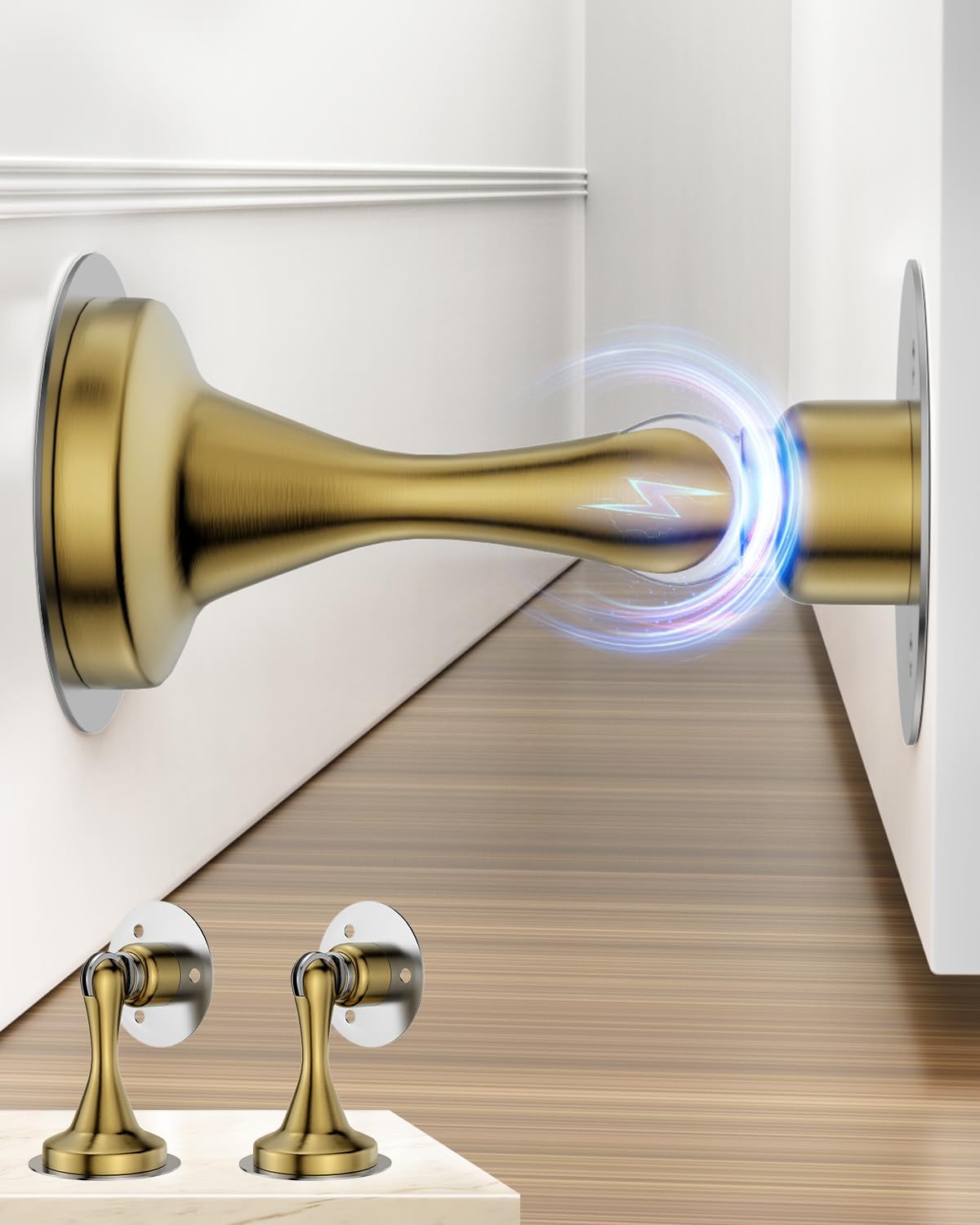 Door Stoppers Magnetic Door Catch - 2 Pack Stainless Steel Heavy Duty Door Stops for Bottom of Door, Wall & Floor Mounting No-Drill Strong Adhesive & Screws, Strong Door Holder to Keep Door Open,Gold