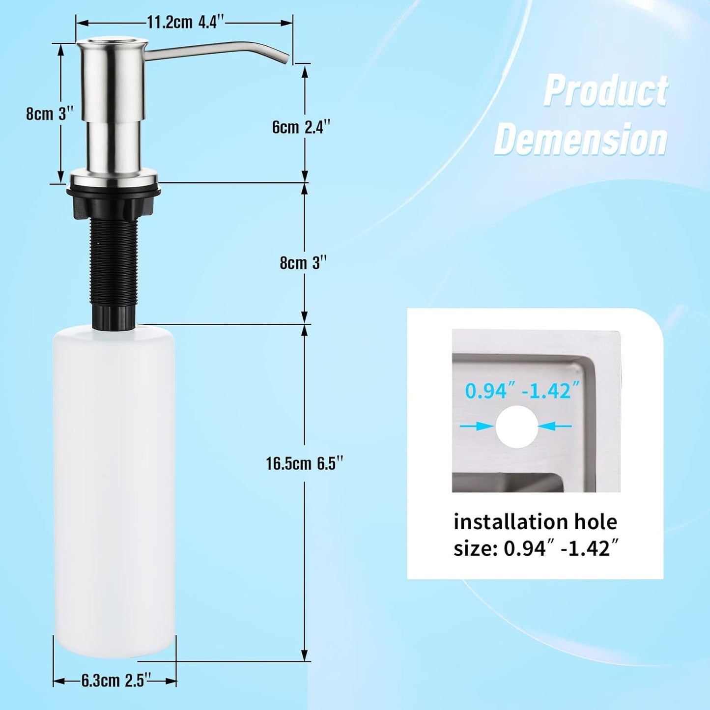 CREA Kitchen Sink Soap Dispenser Countertop for Kitchen Sink, Stainless Stee Built in Sink Soap Dispenser Brushed Nickel for Bathroom with 39" Tube Large Capacity 17 OZ Bottle