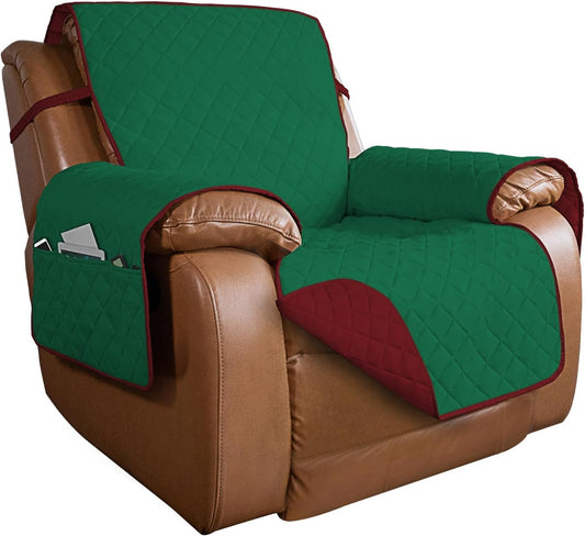 PureFit Reversible Quilted Sofa Cover, Water Resistant Slipcover Furniture Protector, Washable Couch Cover with Non Slip and Elastic Straps for Kids, Dogs, Pets (Oversized Recliner, Green/Red)