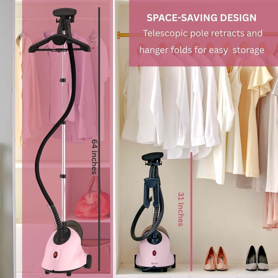 SALAV GS18-DJ Standing Garment Steamer with Roll Wheels for Easy Movement, 1.8L Water Tank for 1 Hour Continuous Steaming, Adjustable Pole for Storage, Includes Descaler Packet, 1500 watts - Pink