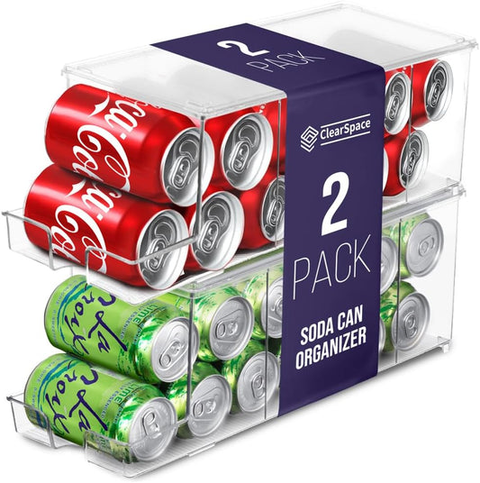 ClearSpace Soda Can Organizer & Soda Can Dispenser for Refrigerator - Fridge Organizer & Stackable Drink Organizer for Fridge or Refrigerator - Holds 12 Cans Each, BPA Free - 2 Pack