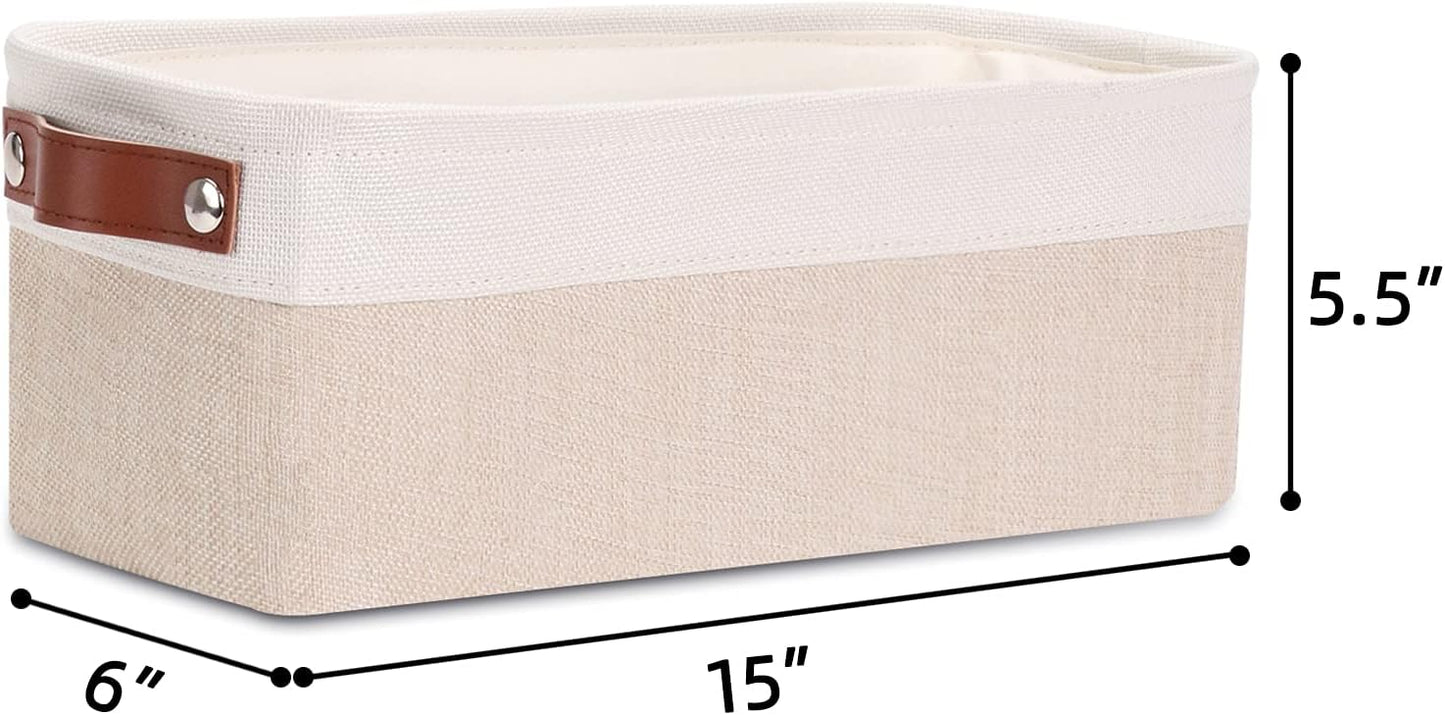 DULLEMELO Fabric Bathroom Storage Bin with Leather Handles, Narrow Organizer for Towels, Toilet Paper Rolls, Storage Basket for Back of Toilet, Vanities, Shelves & Cabinets (White&Khaki)