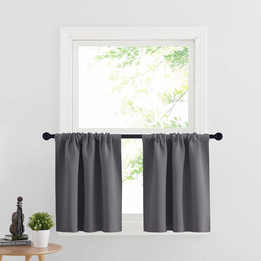 RYB HOME Short Curtains Half Window Curtains for Bedroom, Privacy Blackout Energy Saving Drapes for Living Room Bathroom Shades, Wide 29 x Long 24 inches per Panel, Grey, 2 Pcs
