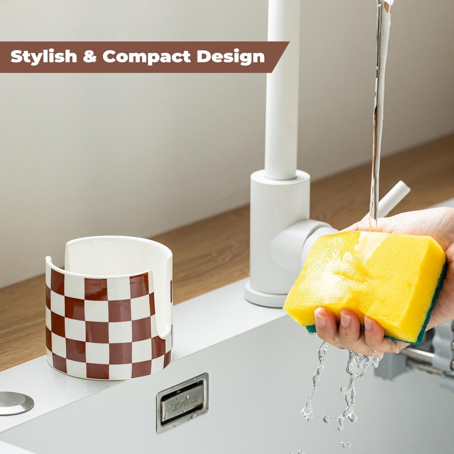 Checkered Sponge Holder for Kitchen Sink, Ceramic Dish Sponge Drying Caddy Scrubby Holder Kitchen Organizer Cute Dish Rack for Sink Counter, Brown and White